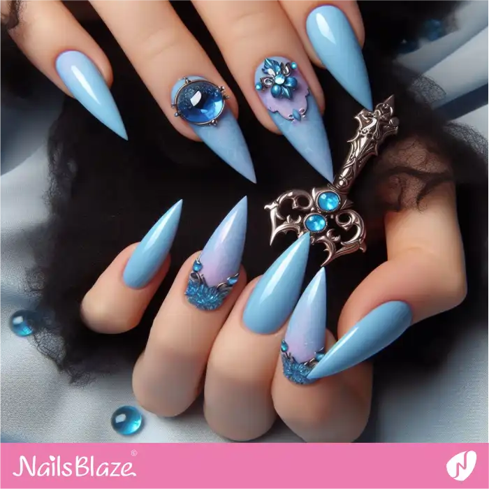 Embellished Pastel Blue Goth Stiletto Nails | Easter Nails - NB3684